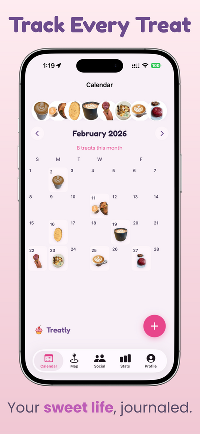 Treatly sticker calendar showing treats logged on each day
