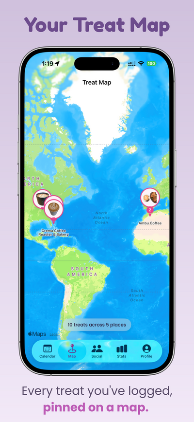 Map view showing pinned treat locations across a city