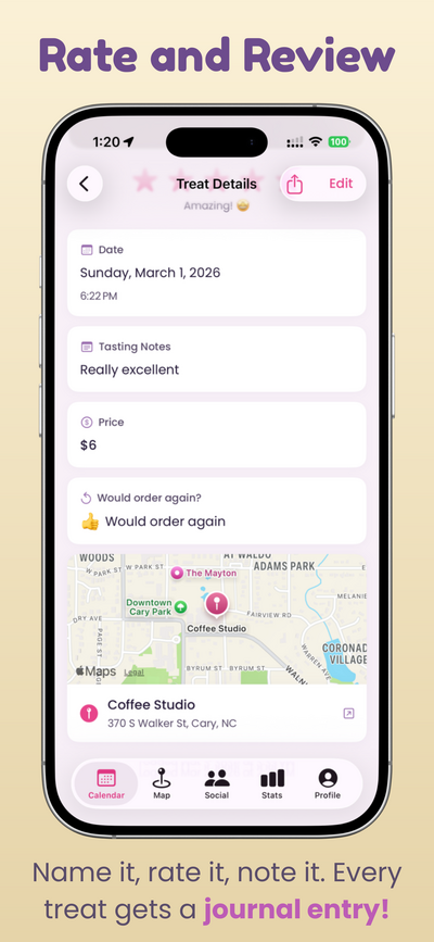 Treat detail view with star rating, notes, and would-order-again pick