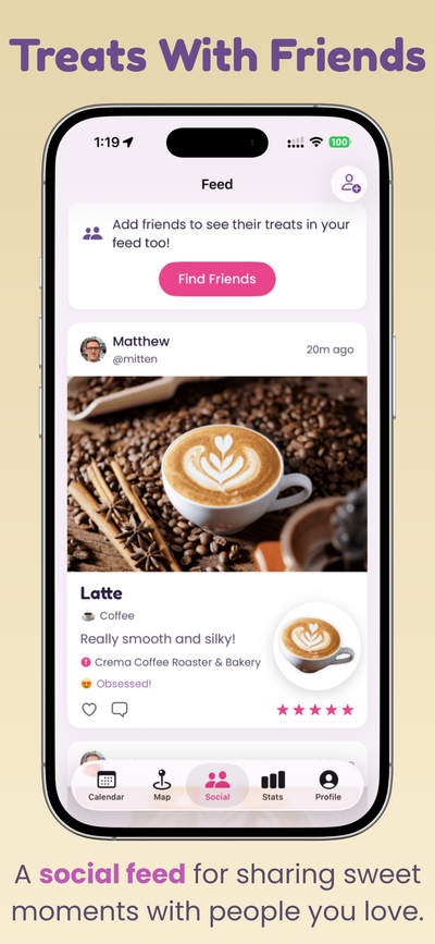 Social feed showing treats shared by friends with likes and comments